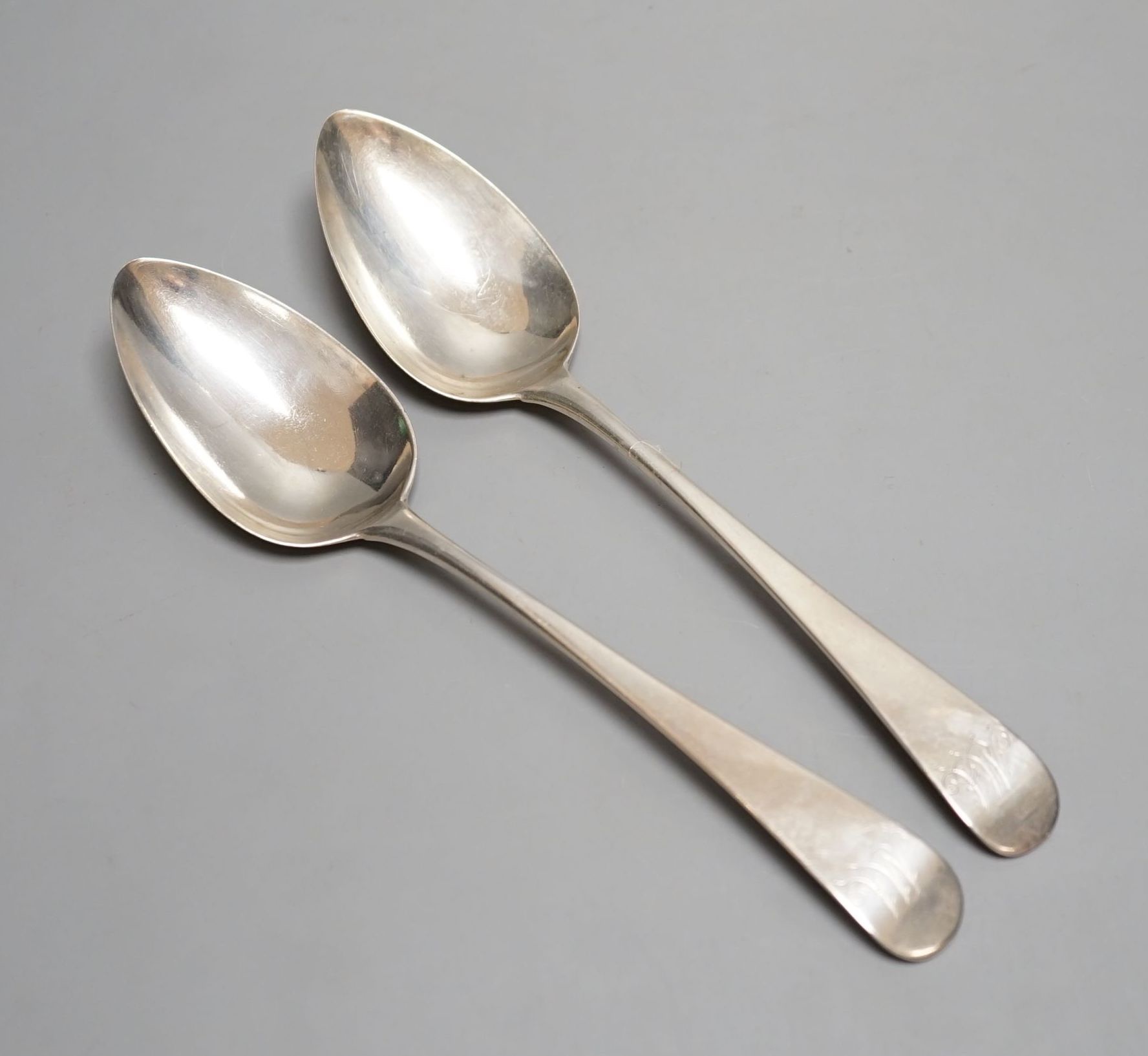 A pair of George III silver Old English pattern tablespoons, Peter & William Bateman, London, 1807, 4oz, with engraved initial.